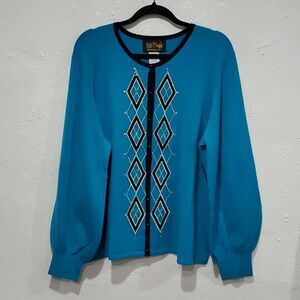 Bob Mackie Wearable Art Button up Sweater with Puff Sleeves Size XL